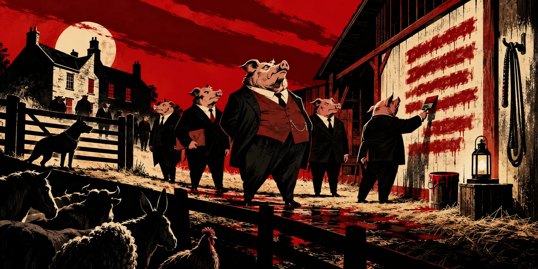 Pigs in suits stand upright before a barn wall where one paints over the old rules in red, as the other animals watch from the dark.