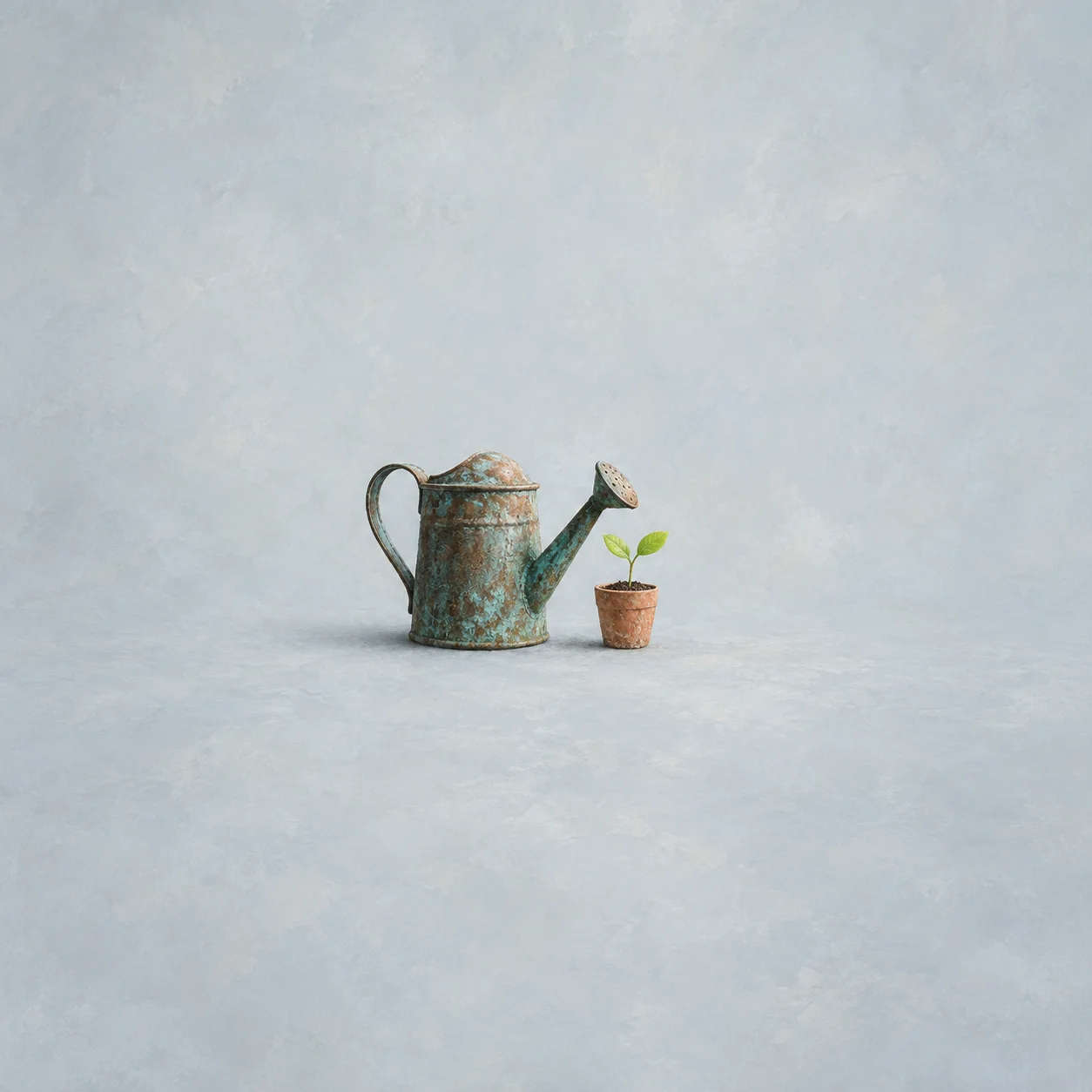 A weathered metal watering can stands beside a tiny seedling in a terracotta pot against a pale blue-grey background.