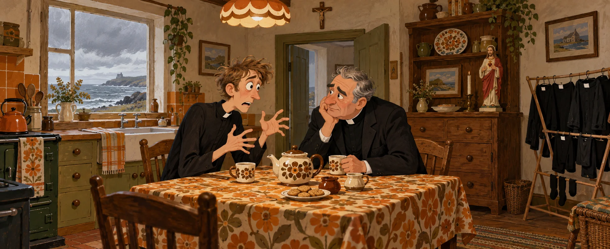 At the kitchen table Dougal gestures in alarm while Ted listens with a pained, patient face over a teapot; behind them a Sacred Heart statue and a rack of drying black clerical shirts.
