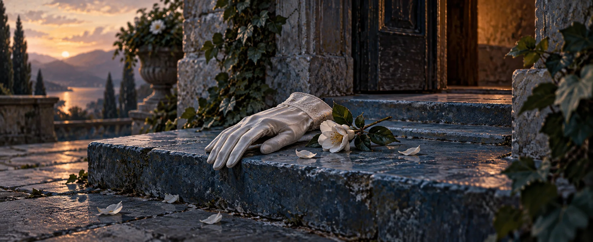 A pale glove rests beside a small white flower on a blue stone threshold.
