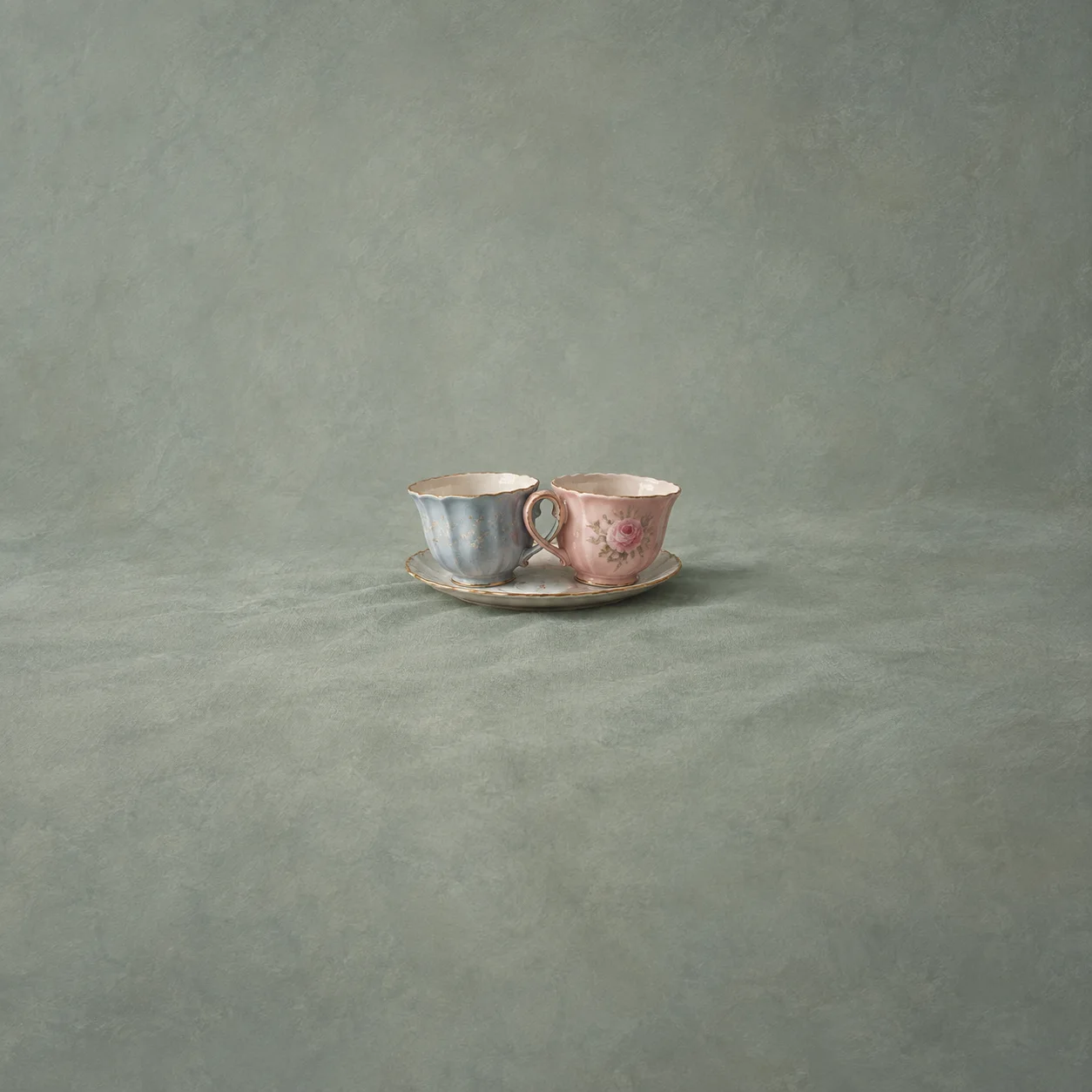 A pale blue teacup and a rose pink teacup sharing one round saucer, with their handles touching.