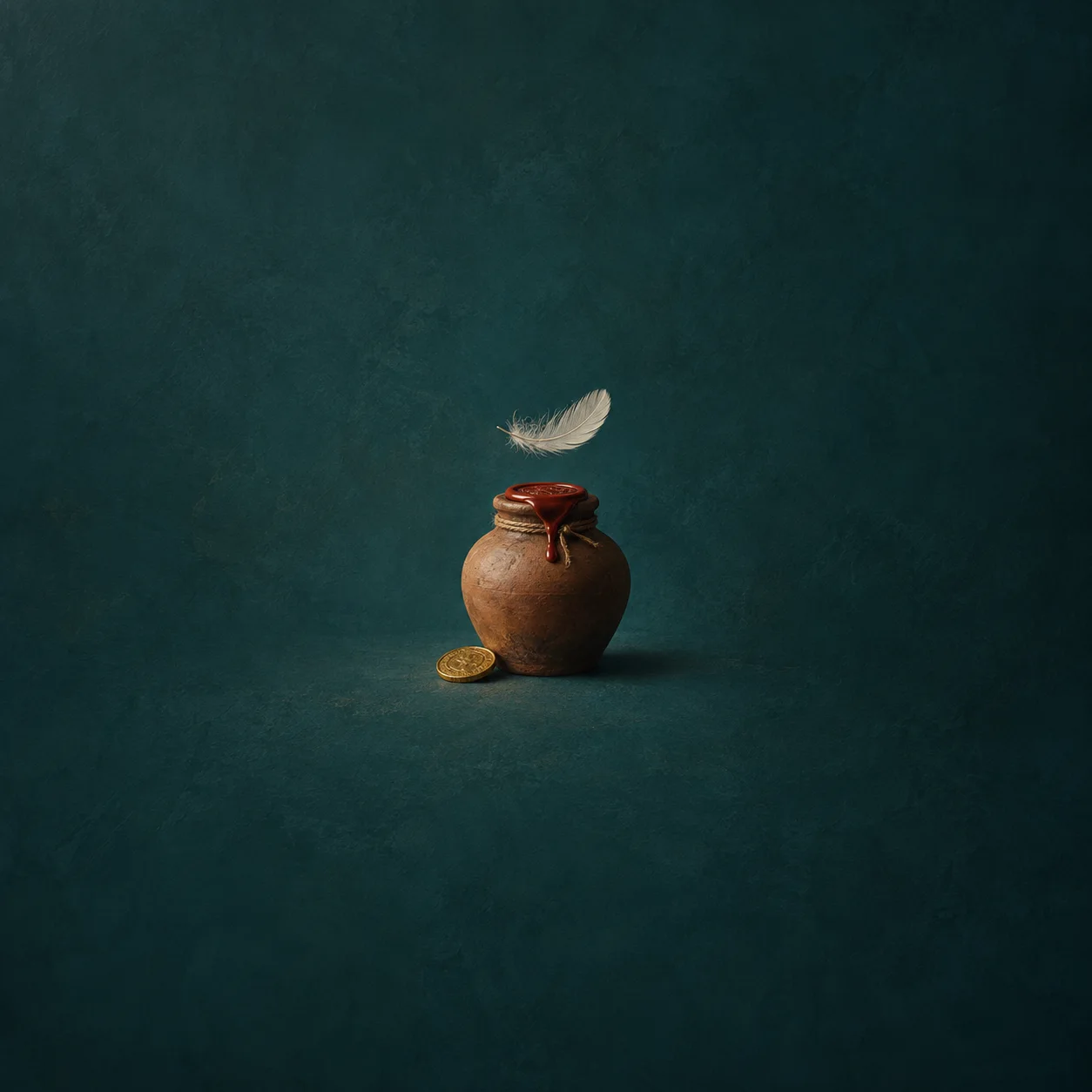 A sealed clay storage jar with one gold coin at its base and a white feather above it on a deep teal surface.
