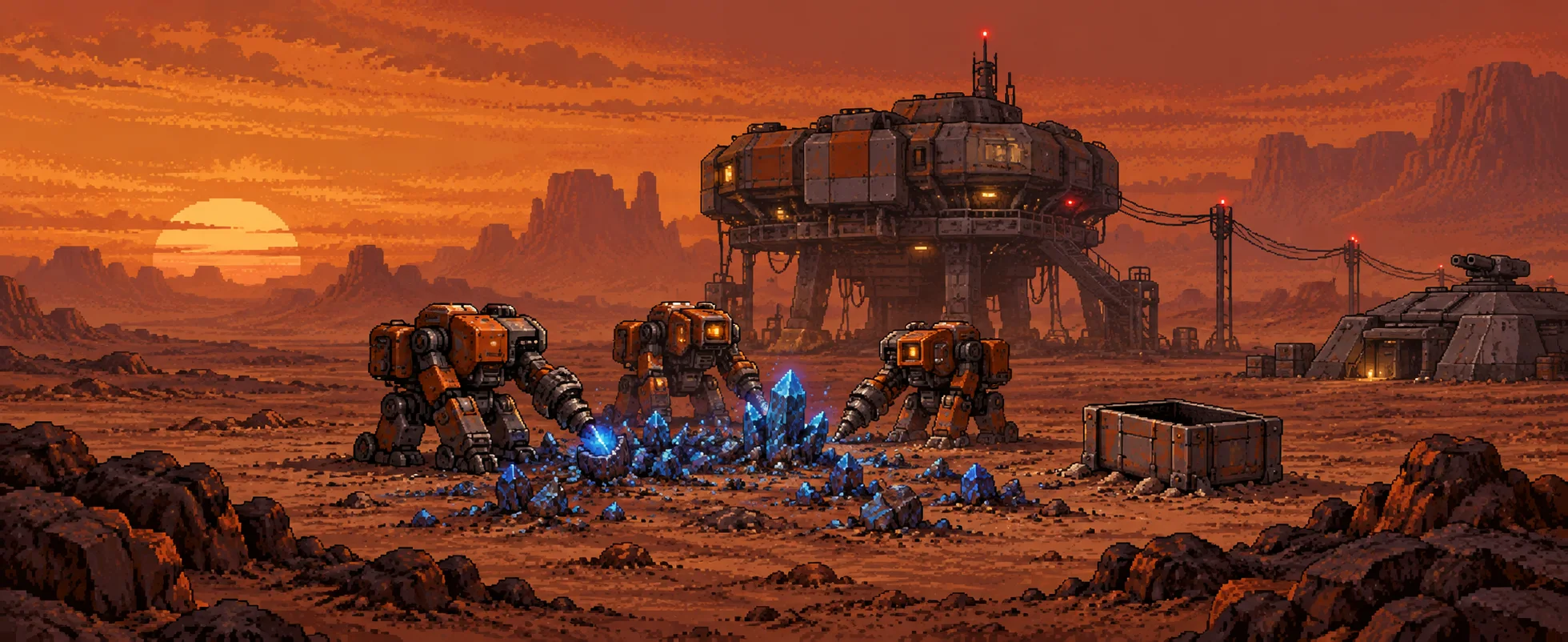 Orange construction mechs gather at the last few blue crystals of a mined-out field on a red desert world at sunset, a command center on stilts behind them.