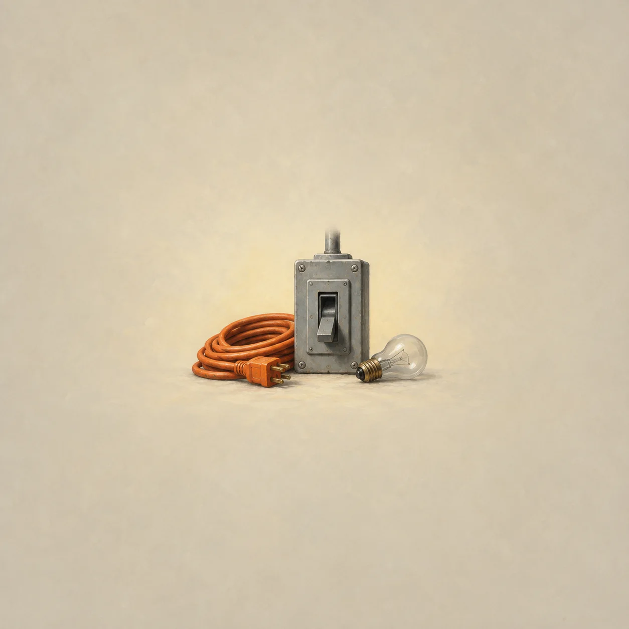 A metal switch box stands beside coiled orange cable and an unlit glass bulb.