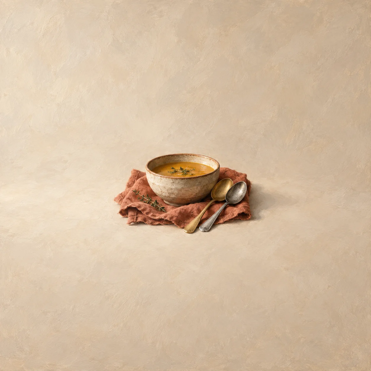 A ceramic bowl of soup and two mismatched spoons resting on terracotta linen.