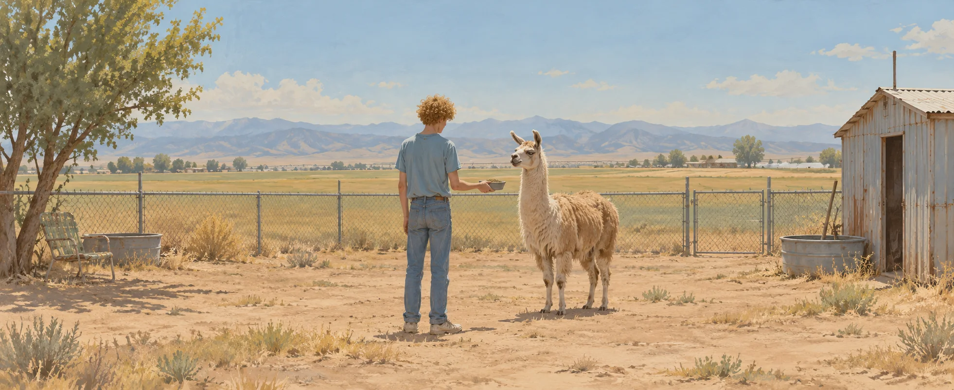 On a dry Idaho farm, a curly-haired teen in jeans holds out food to a llama by a tin shed.