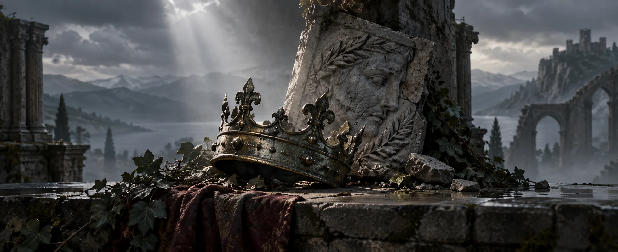 A weathered bronze crown rests beside a cracked stone relief under a thin beam of grey light.