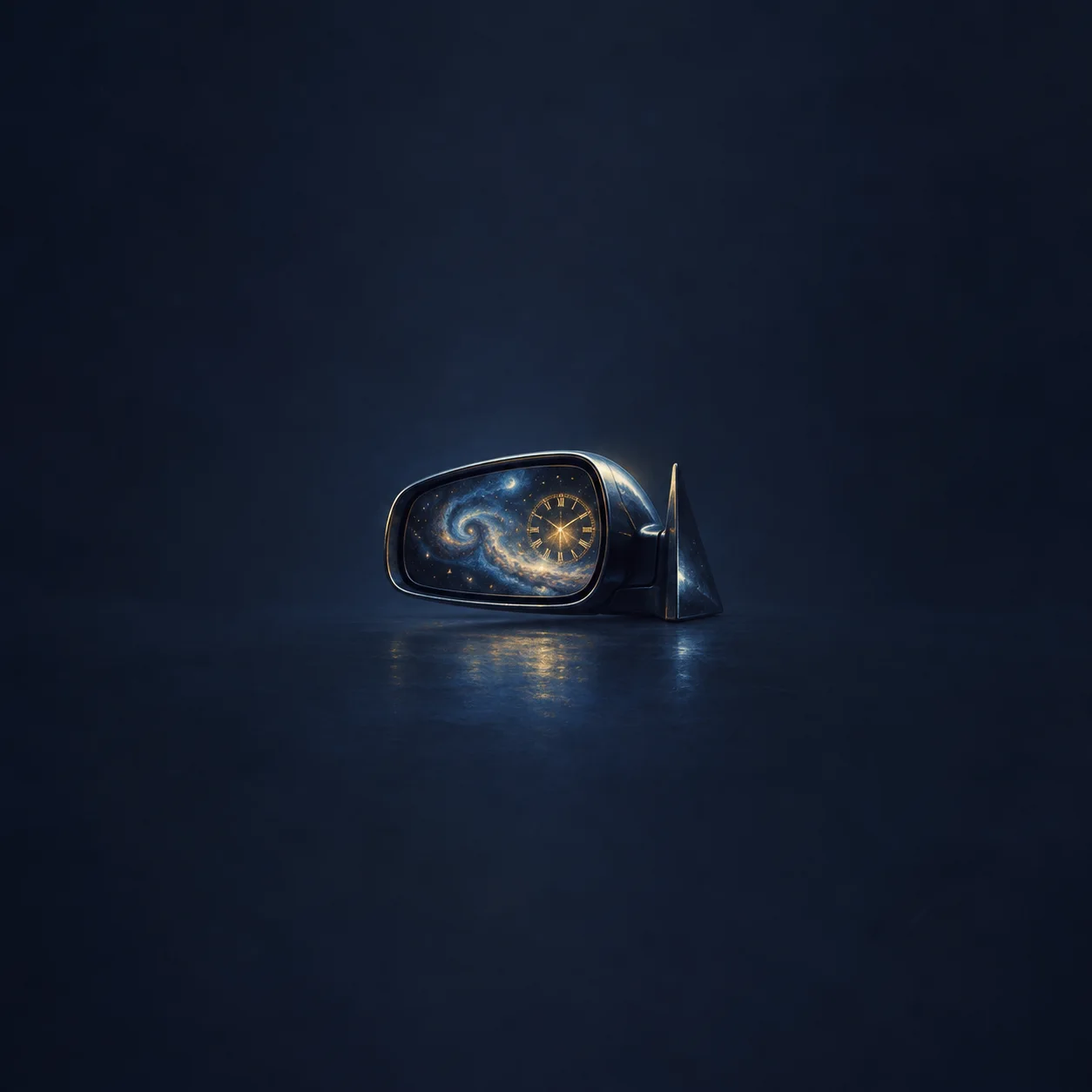 Painterly car side mirror showing swirling stars and a glowing clock face.