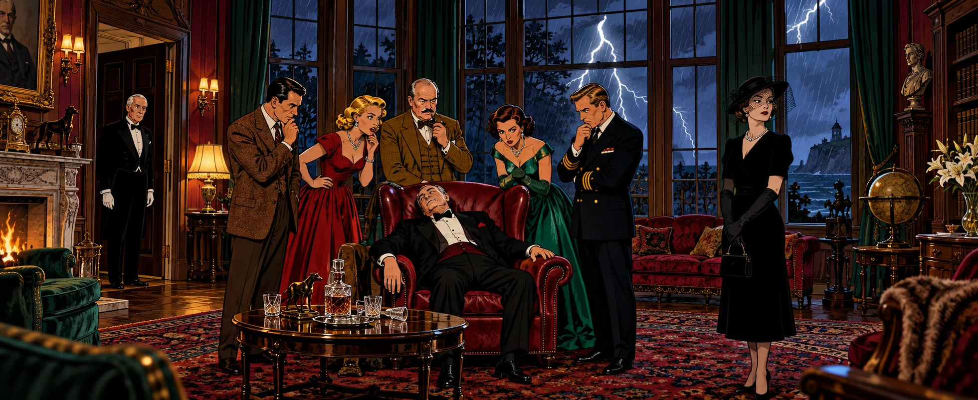 Dinner guests in 1950s evening dress gather round a slumped body in a mansion lounge during a storm, a widow in black standing apart.