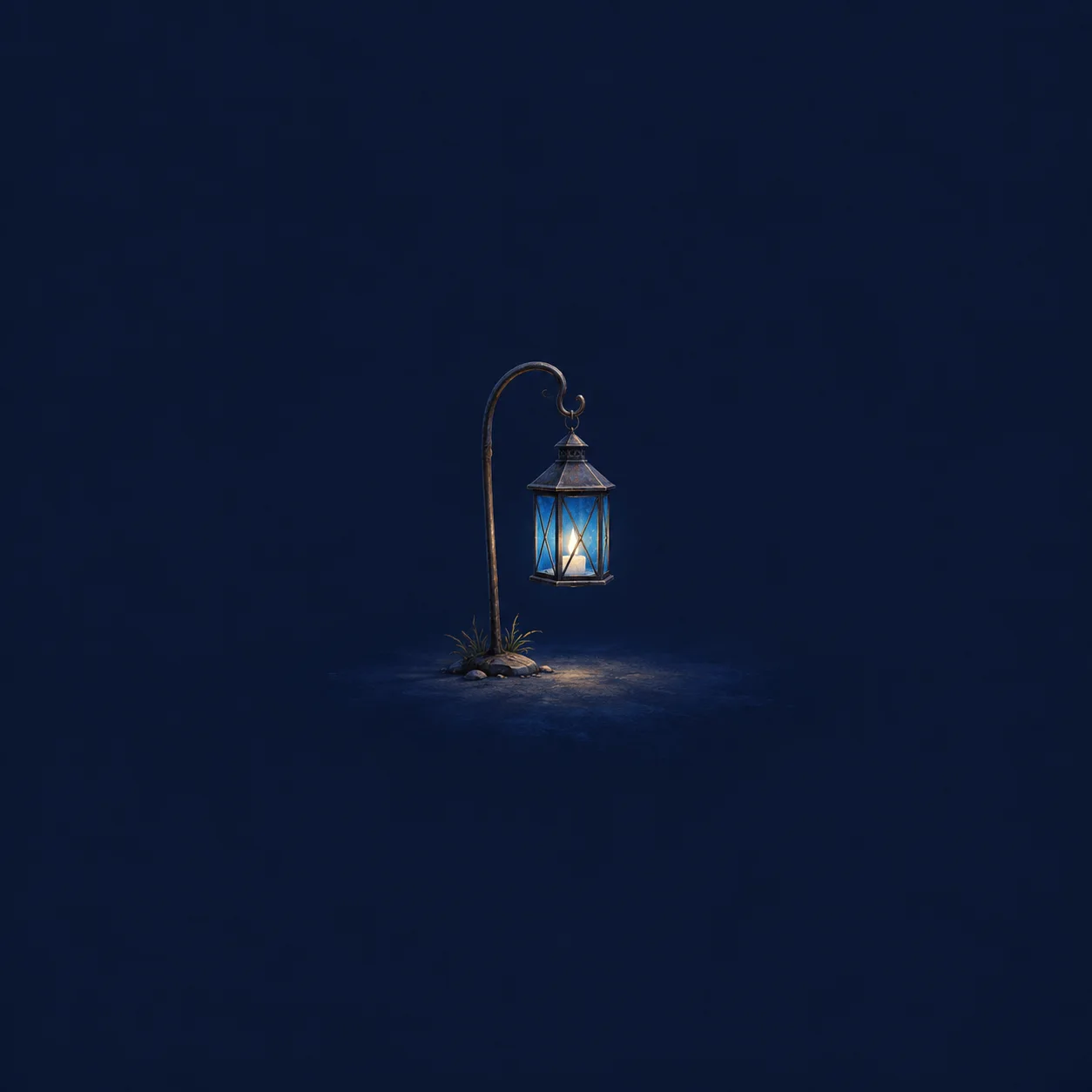 A glowing blue glass lantern hangs from a curved metal hook against a dark navy background.