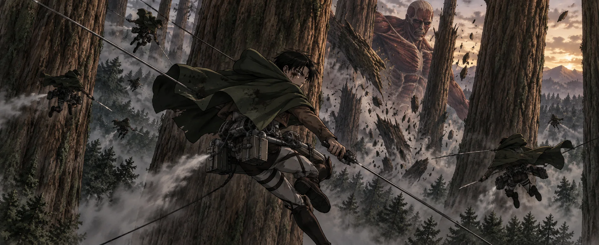 Soldiers in green capes swing on grapple lines between colossal tree trunks as a giant skinless figure crashes through the forest behind them.