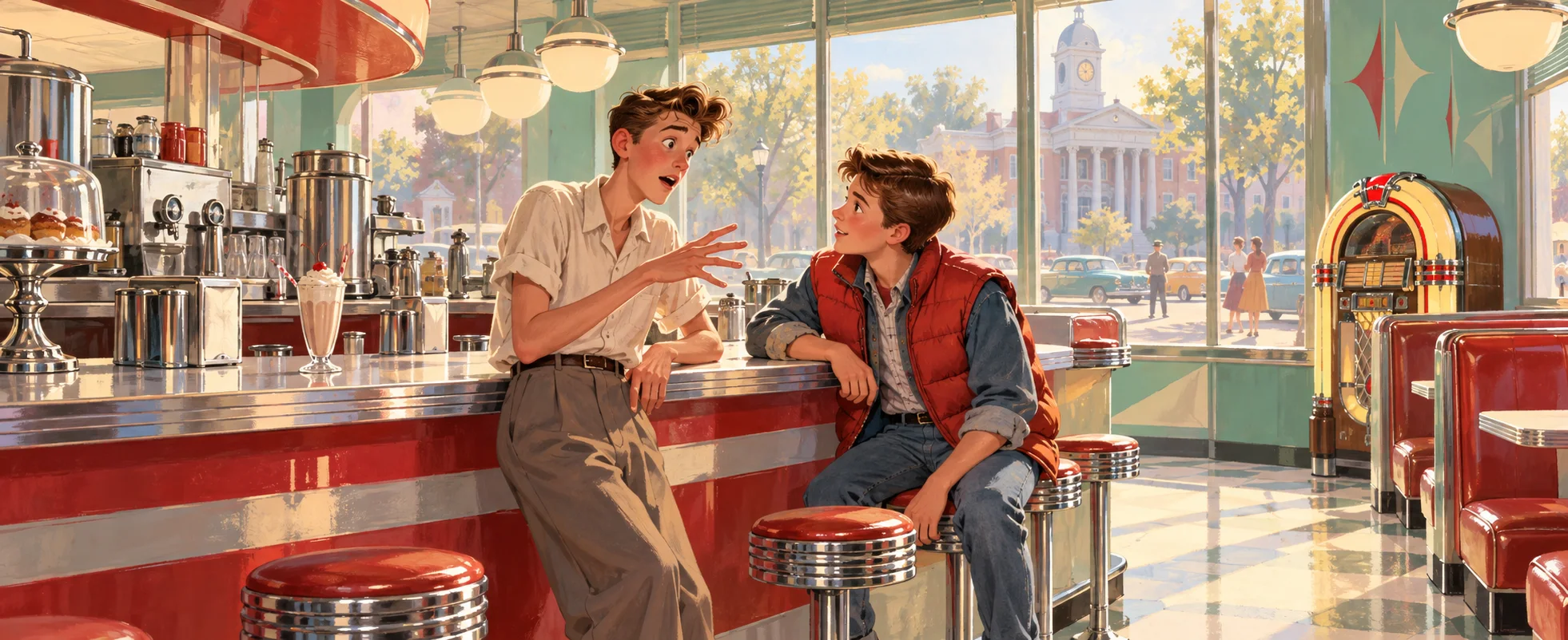 Two teenagers talk at the counter of a red-and-chrome 1950s diner, one gesturing awkwardly as he tells a story.