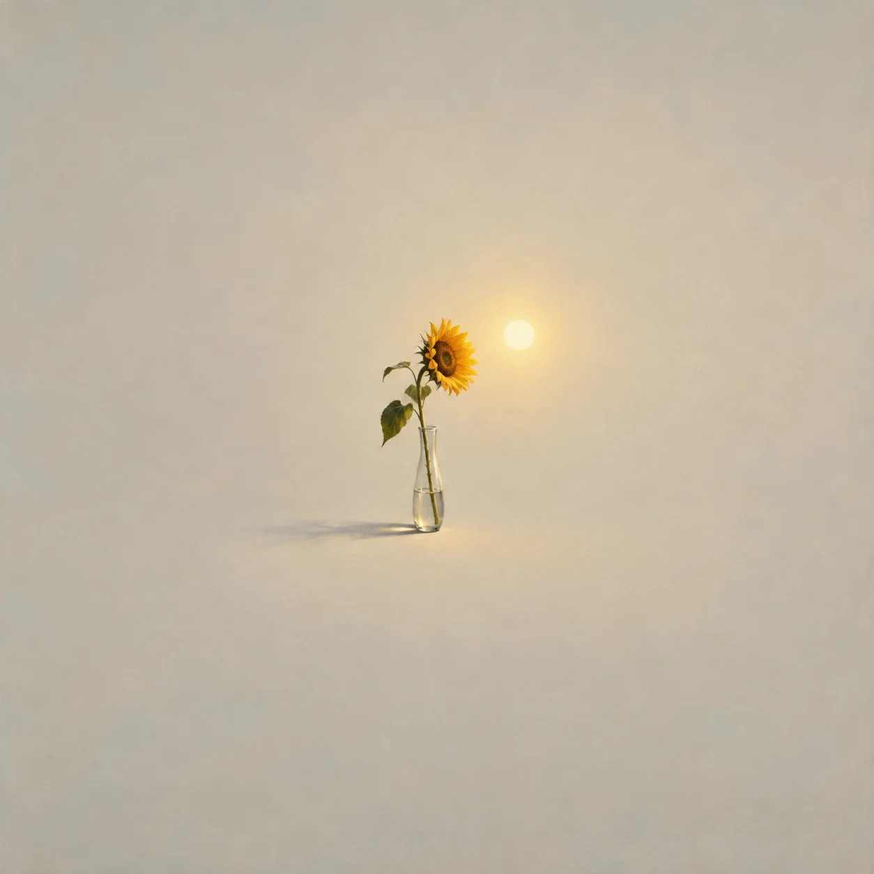 A sunflower stands in a slender glass vase beside a small golden light, casting a shadow across a pale surface.