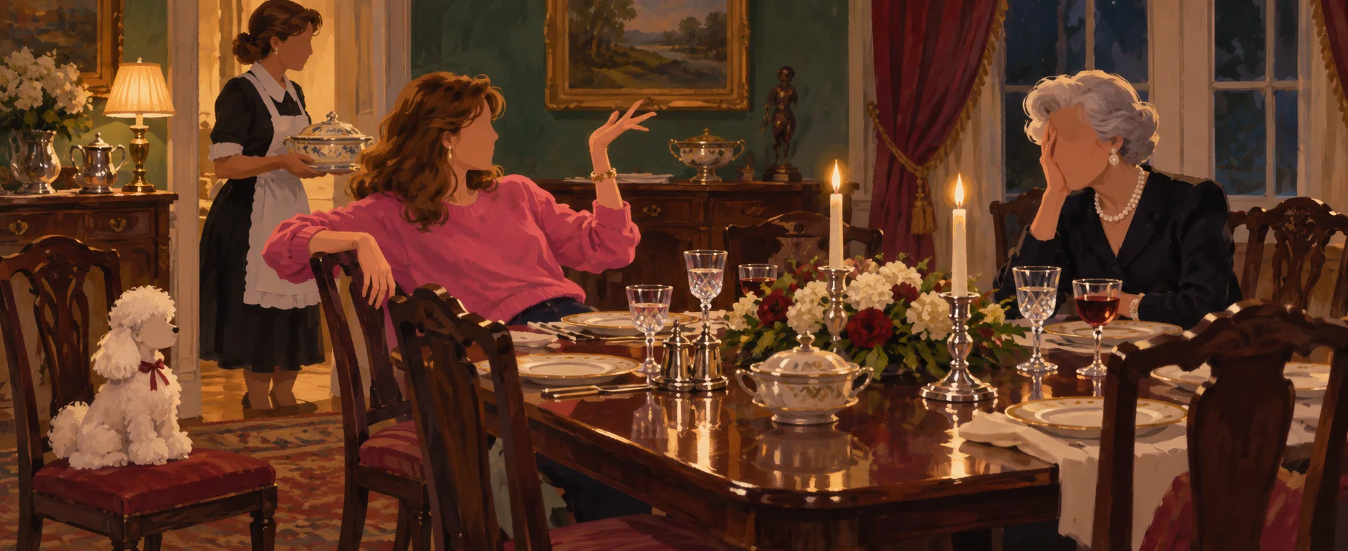 At a formal family dinner, a woman in a pink sweater rolls her eyes beside her grandmother as a white poodle sits on a chair.