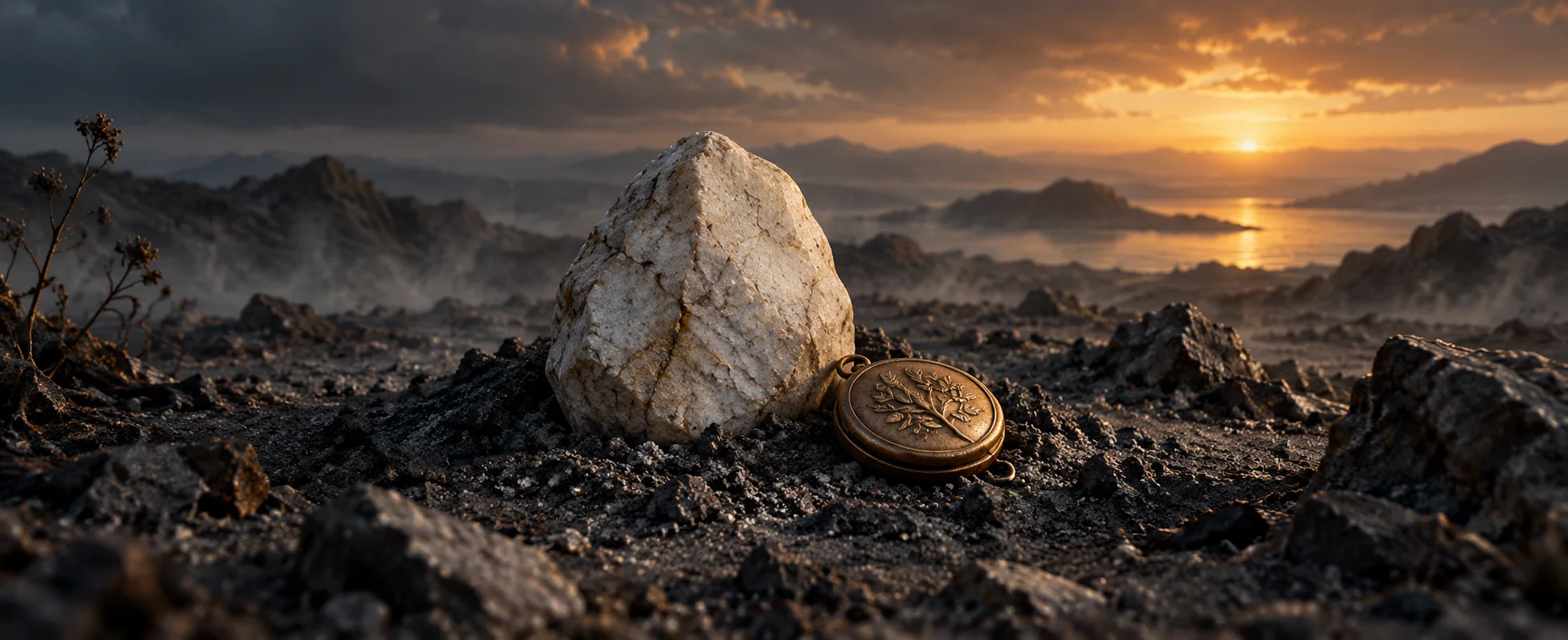 A single pale stone stands amid dark grey ash beside a small closed bronze medallion.