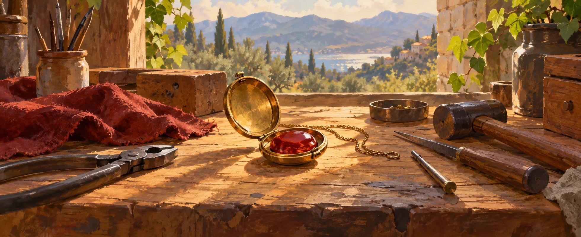 An open brass locket containing a red polished stone rests on a sunlit workbench among plain metal tools.