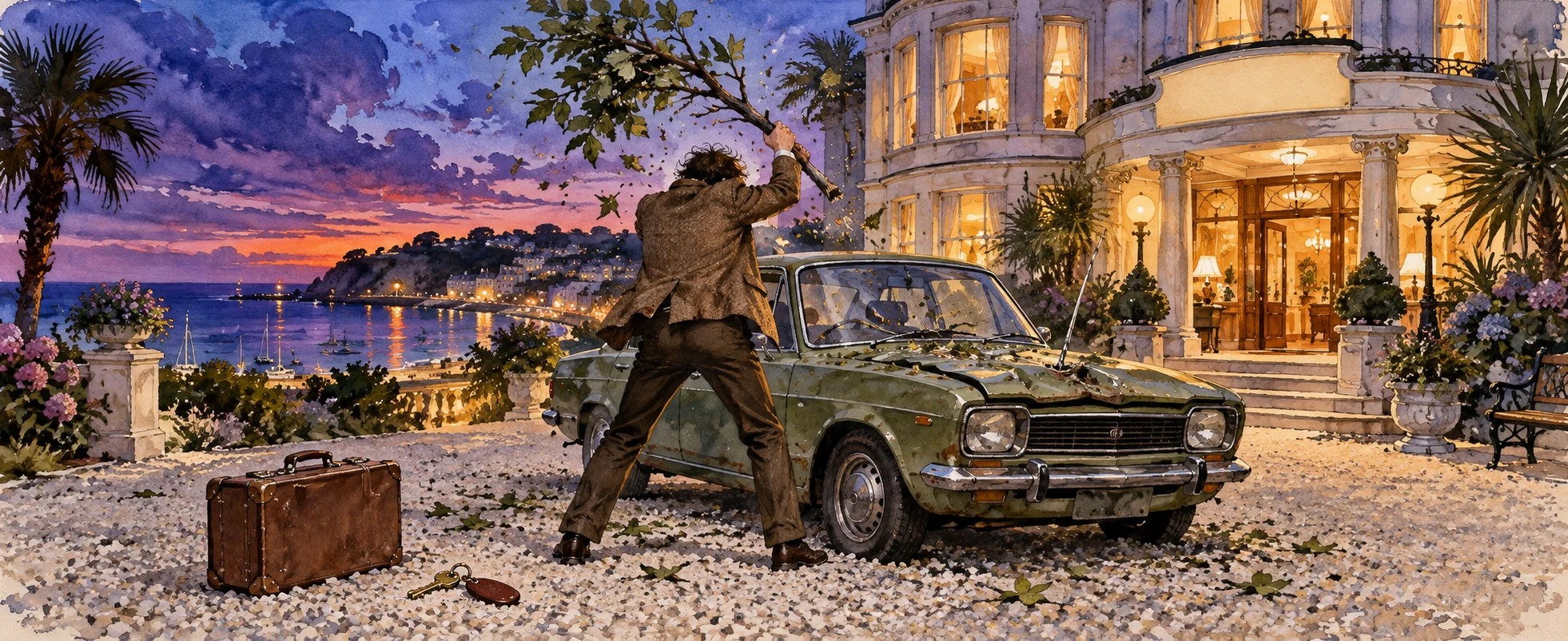 A man in a tweed jacket thrashes a battered old car with a leafy branch on a seaside hotel forecourt at dusk, leaves flying, a suitcase on the gravel.