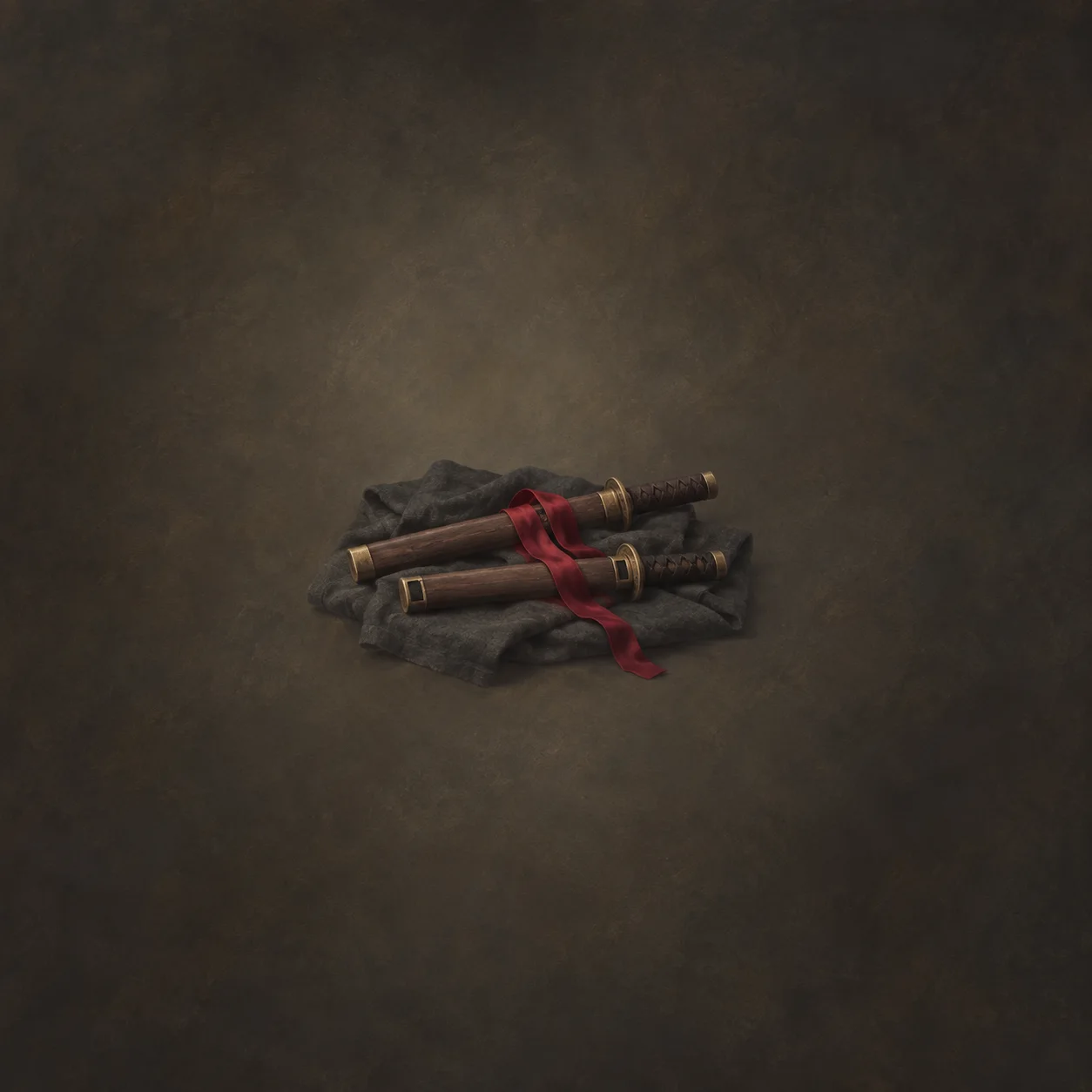 Two wooden flutes are tied with a red ribbon on folded dark cloth.