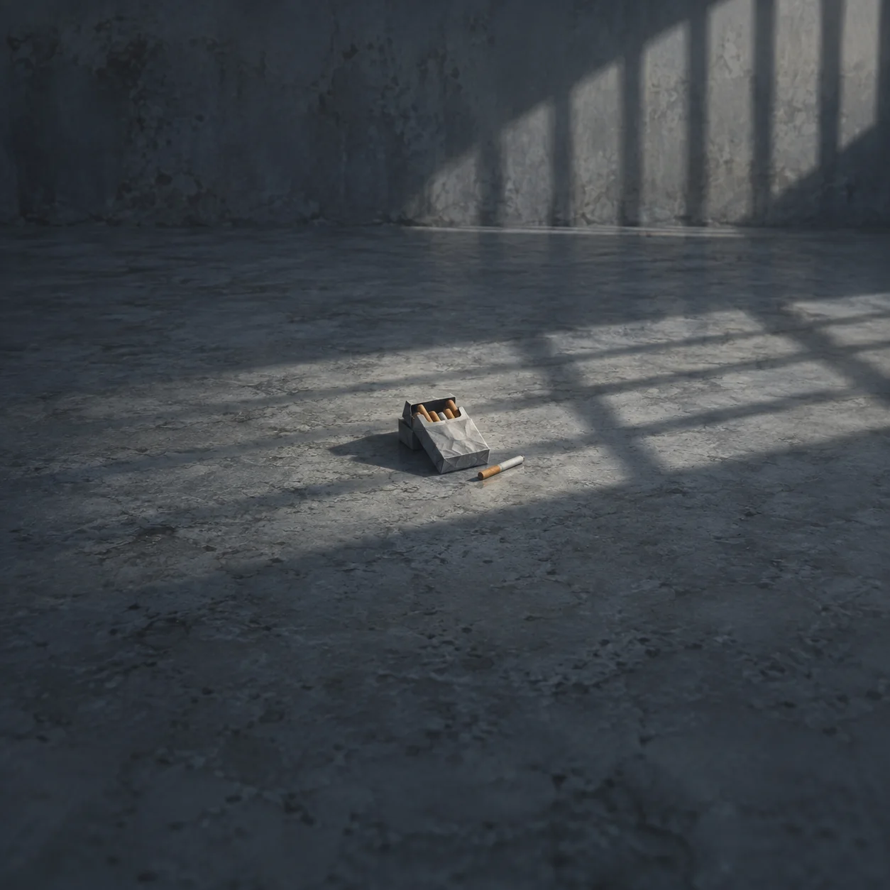Painterly open cigarette pack and loose cigarette on concrete crossed by barred-window shadows.