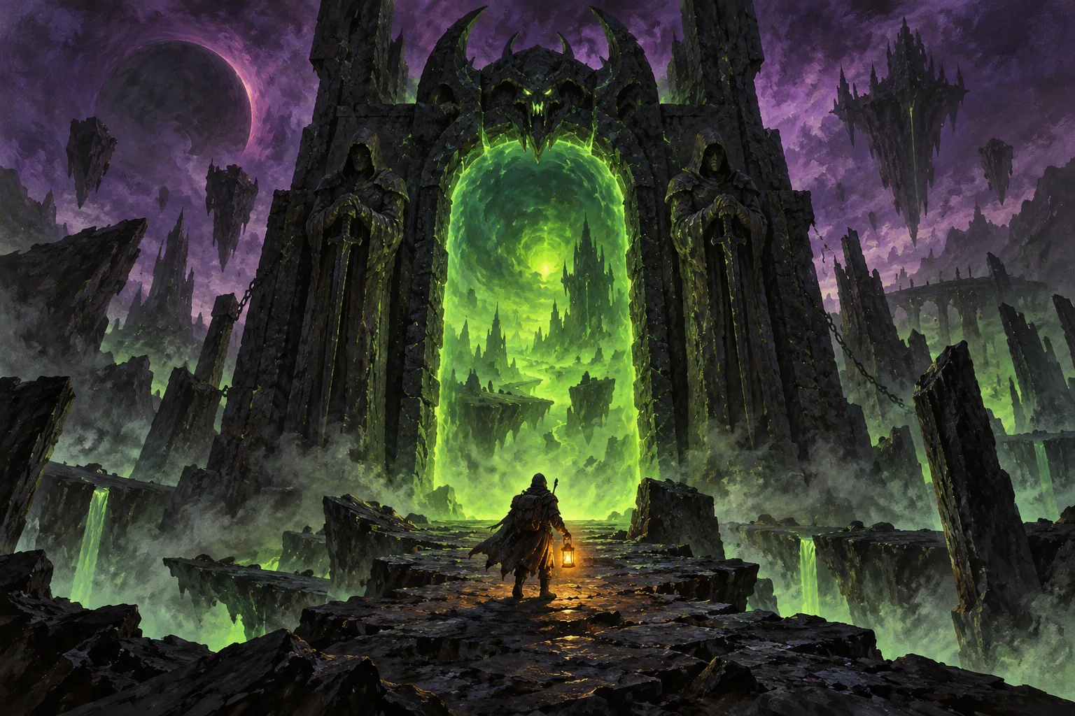 A small traveller carrying a warm lantern faces a towering dark stone arch filled with green light.
