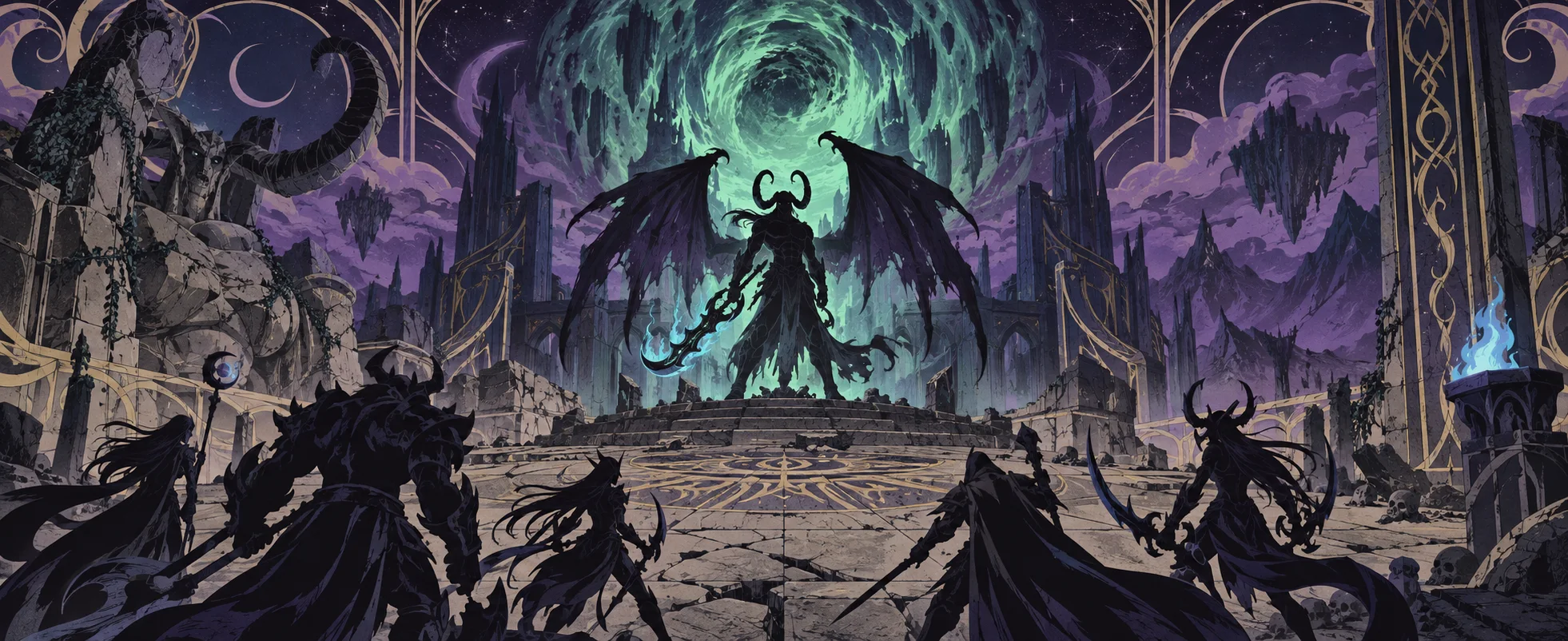 A horned, winged demon looms before a swirling green portal over a temple as silhouetted heroes advance.