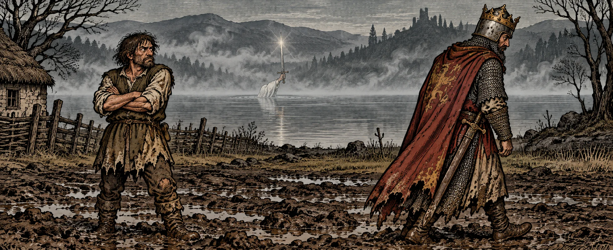 A scruffy peasant stands arms folded in a muddy field arguing with a crowned king in a red cloak, a misty lake behind them.