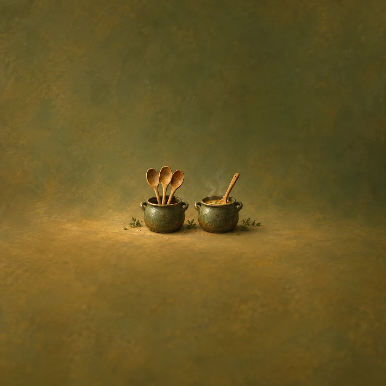 Two small pots, one holding three wooden spoons and the other holding one, against a golden-green background.