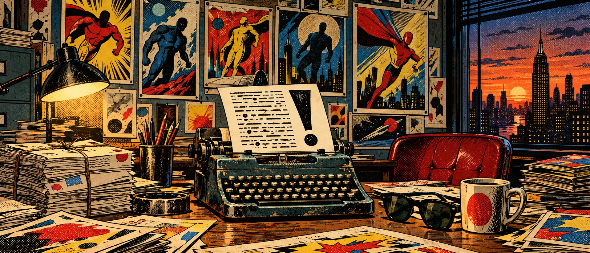 A cluttered 1960s comic editor's desk with a typewriter mid-column, sunglasses, coffee and fan letters, colourful comic covers pinned behind.