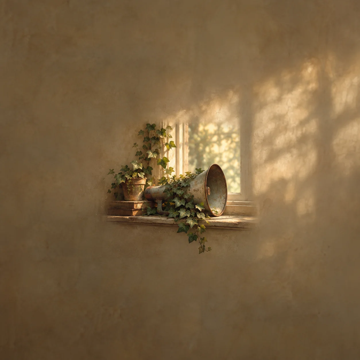 Painterly old metal megaphone tangled with ivy on a sunlit windowsill.