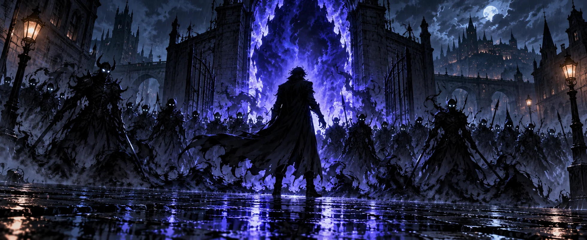 A dark-coated hunter stands before a glowing purple gate as an army of shadow soldiers rises around him.
