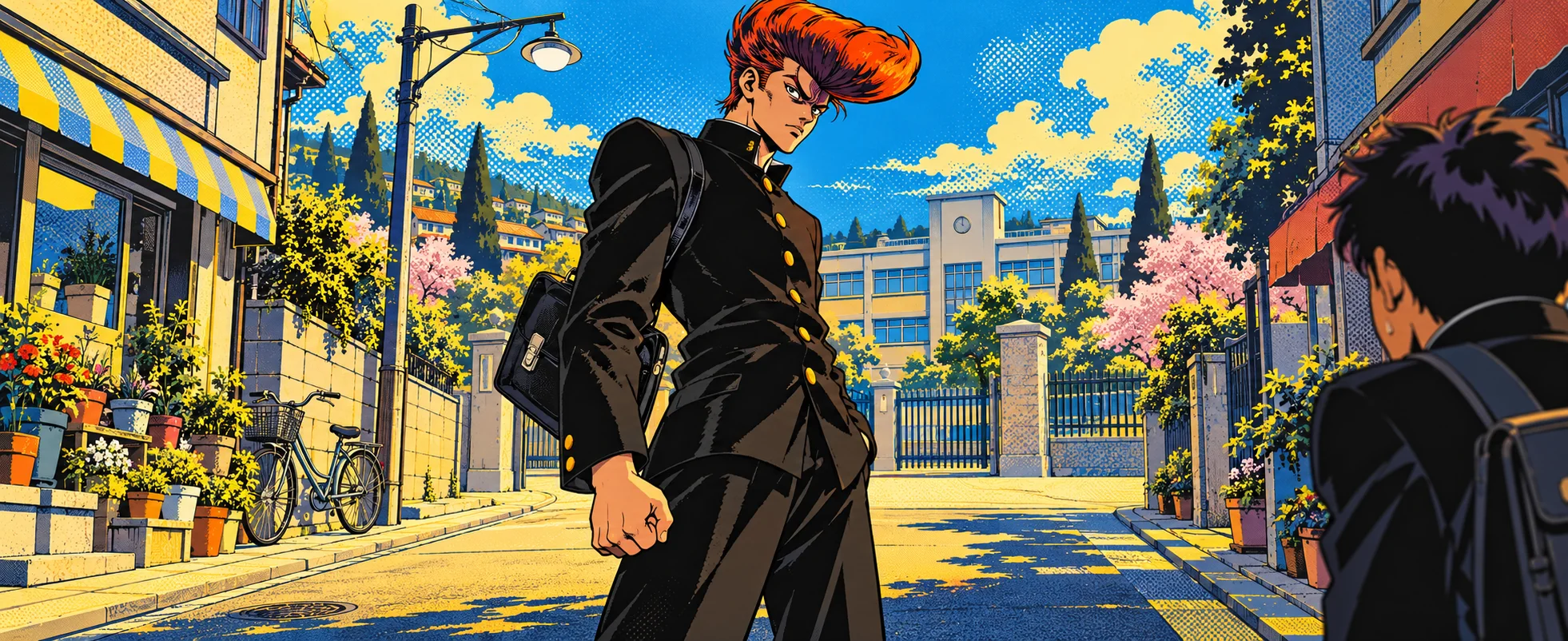 A delinquent with a towering orange pompadour stands in a school uniform on a sunny street.
