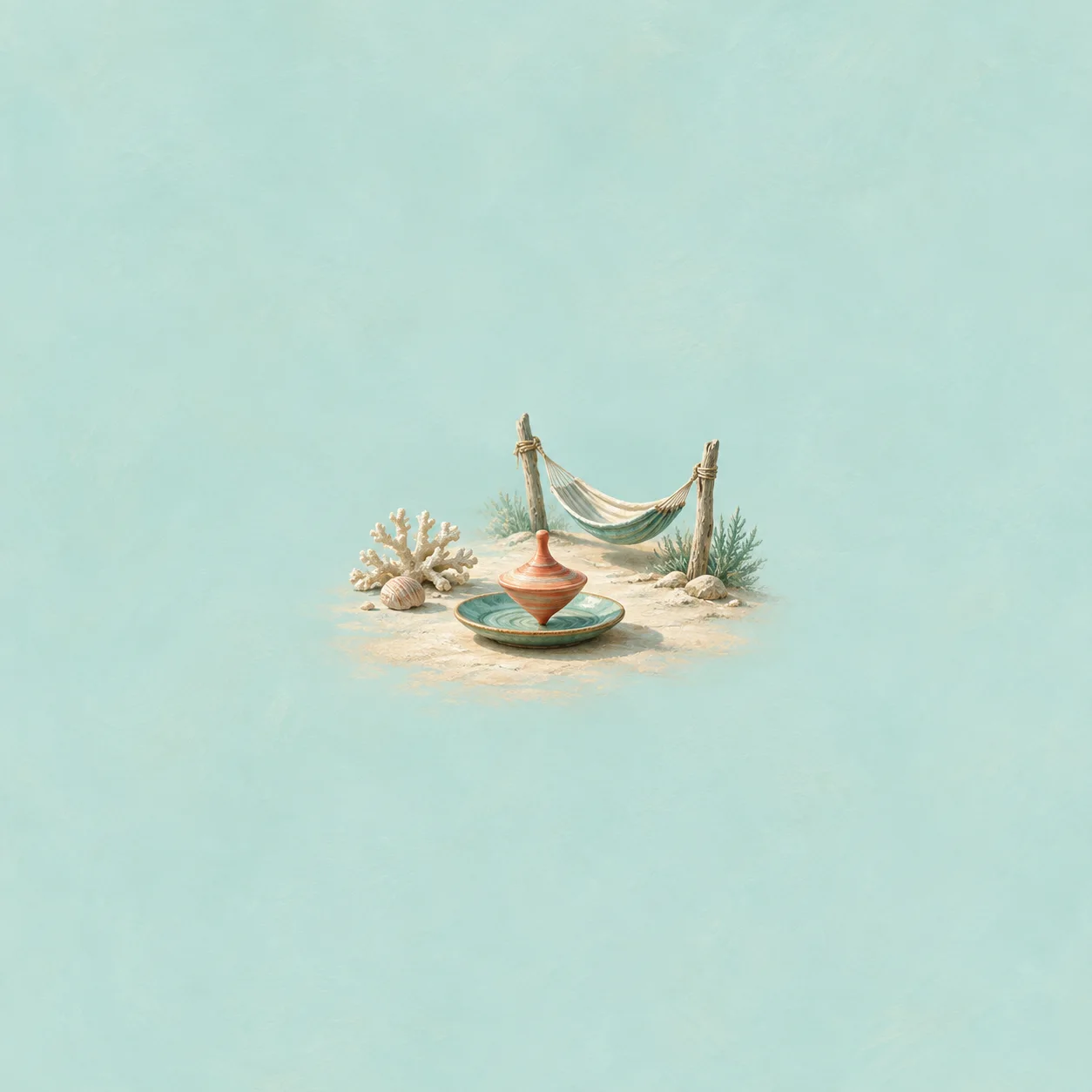A coral-colored spinning top on a saucer in front of a miniature hammock, shells and pale coral against an aqua background.