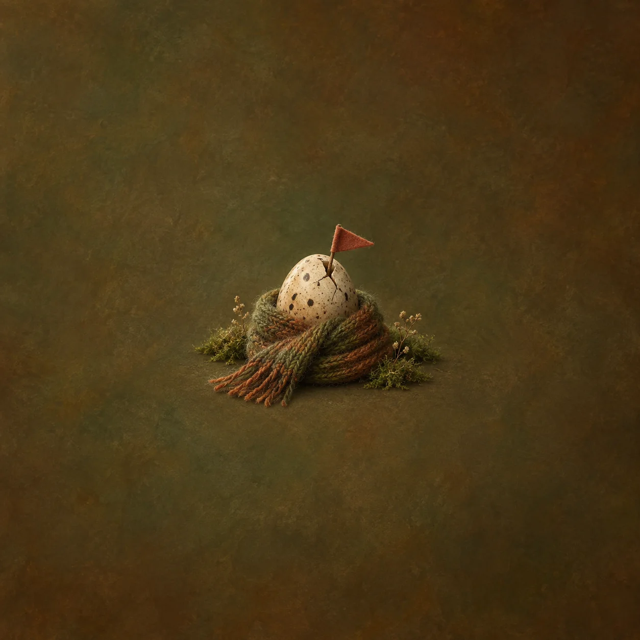 A cracked speckled egg is nestled in a knitted scarf with a small red pennant and moss against brown-green.