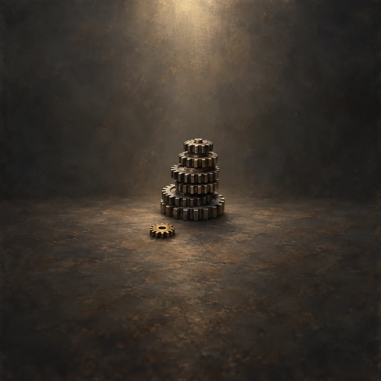 Painterly small brass gear beside a stack of larger gears under a beam of warm light.
