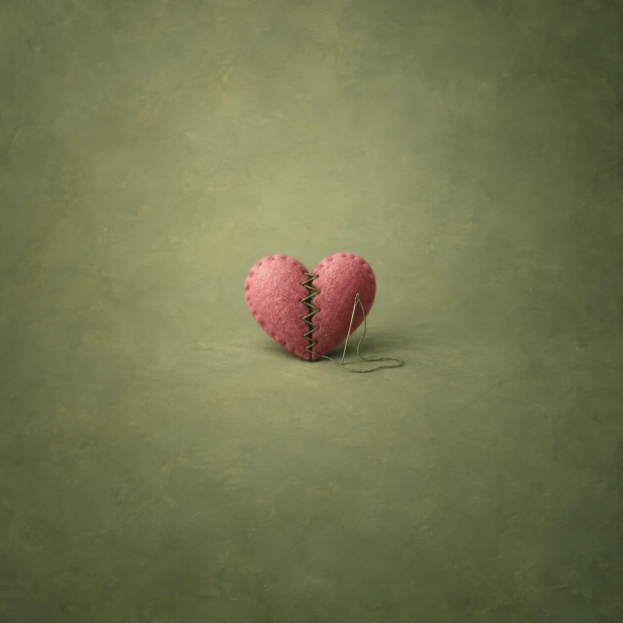 A pink felt heart with a zigzag stitched split and a sewing needle beside it on a green background.