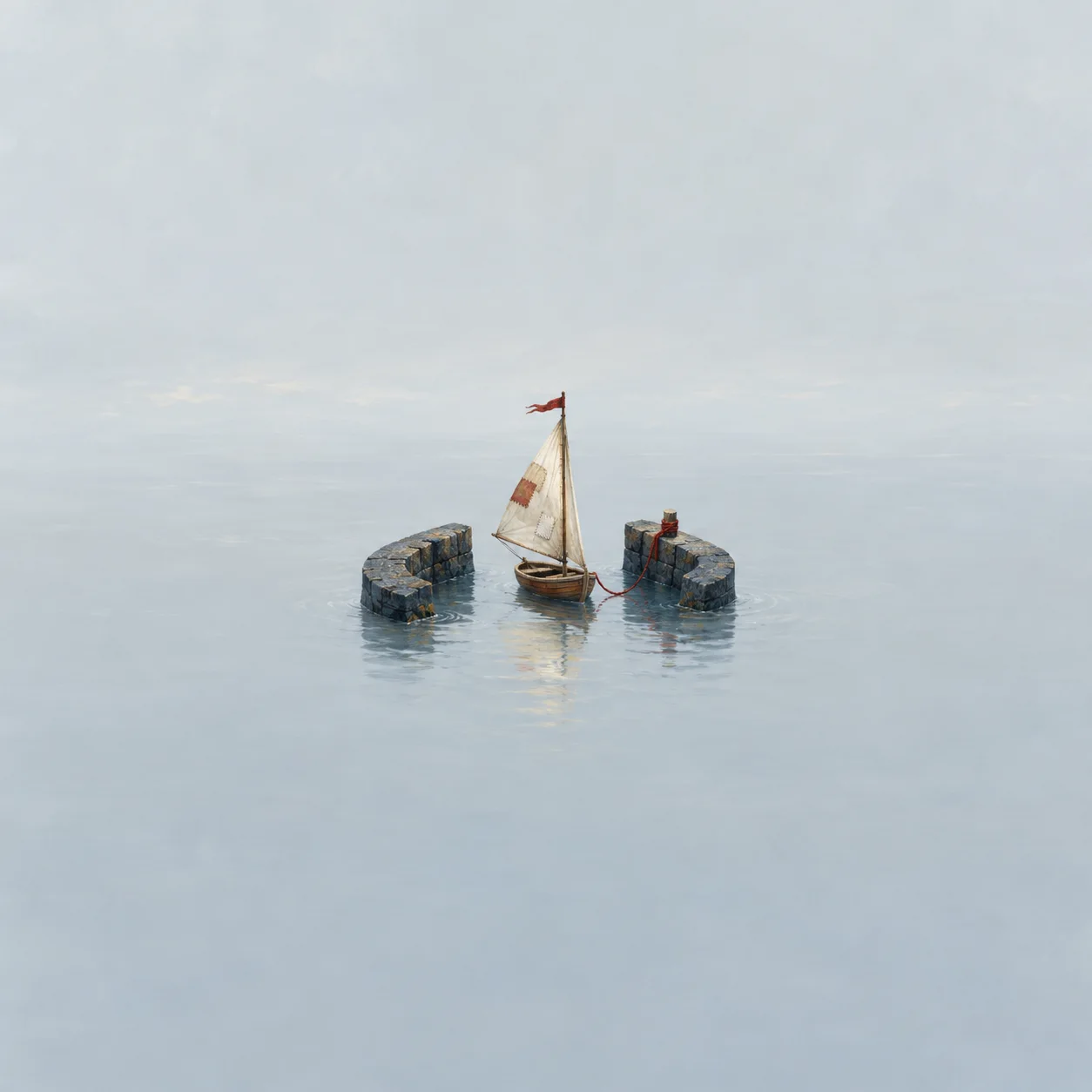A small wooden sailing boat with a patched sail sits between two stone harbour walls, tethered by red cord.