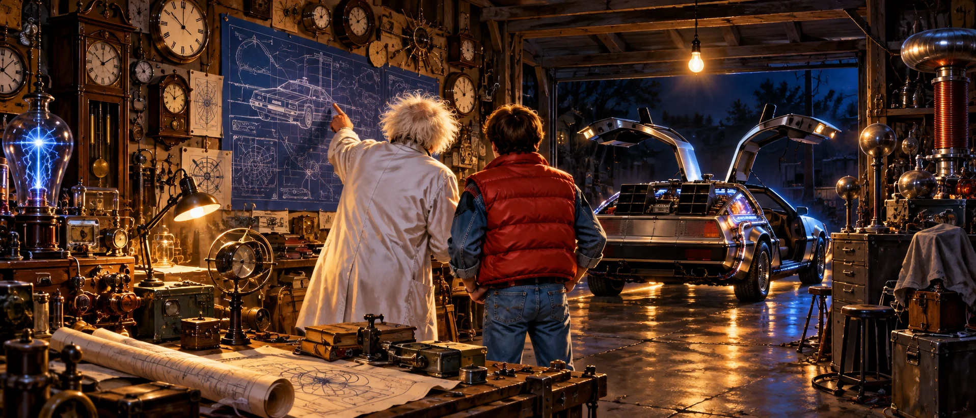 A wild-haired inventor in a lab coat and a teenager in a red vest face a blueprint wall in a cluttered workshop, a gull-winged car in the garage beyond.