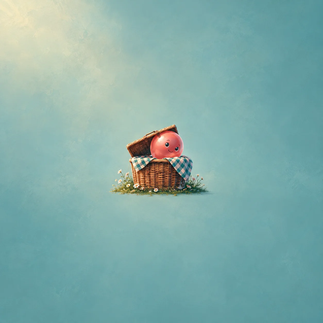 A smiling pink balloon peeks from a wicker picnic basket beside teal gingham cloth and daisies.