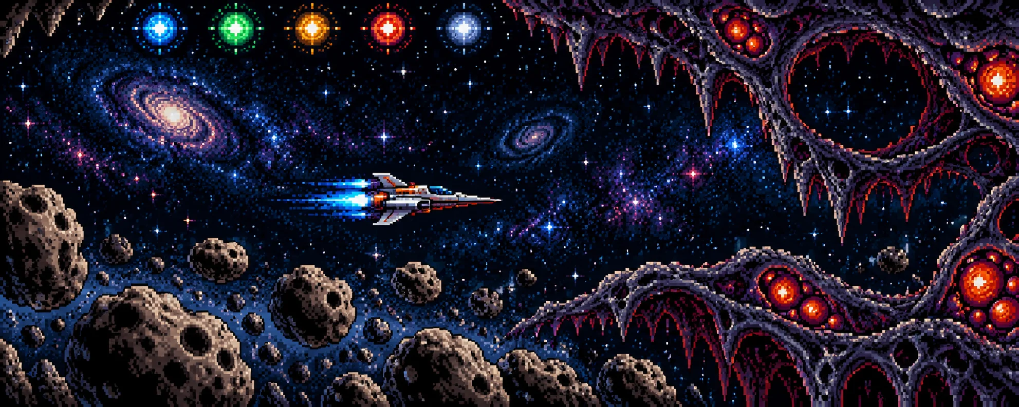 Pixel-art starfield: a sleek white starfighter with blue engine flame flies between an asteroid belt and fleshy alien walls, a row of coloured power-up orbs glowing above.