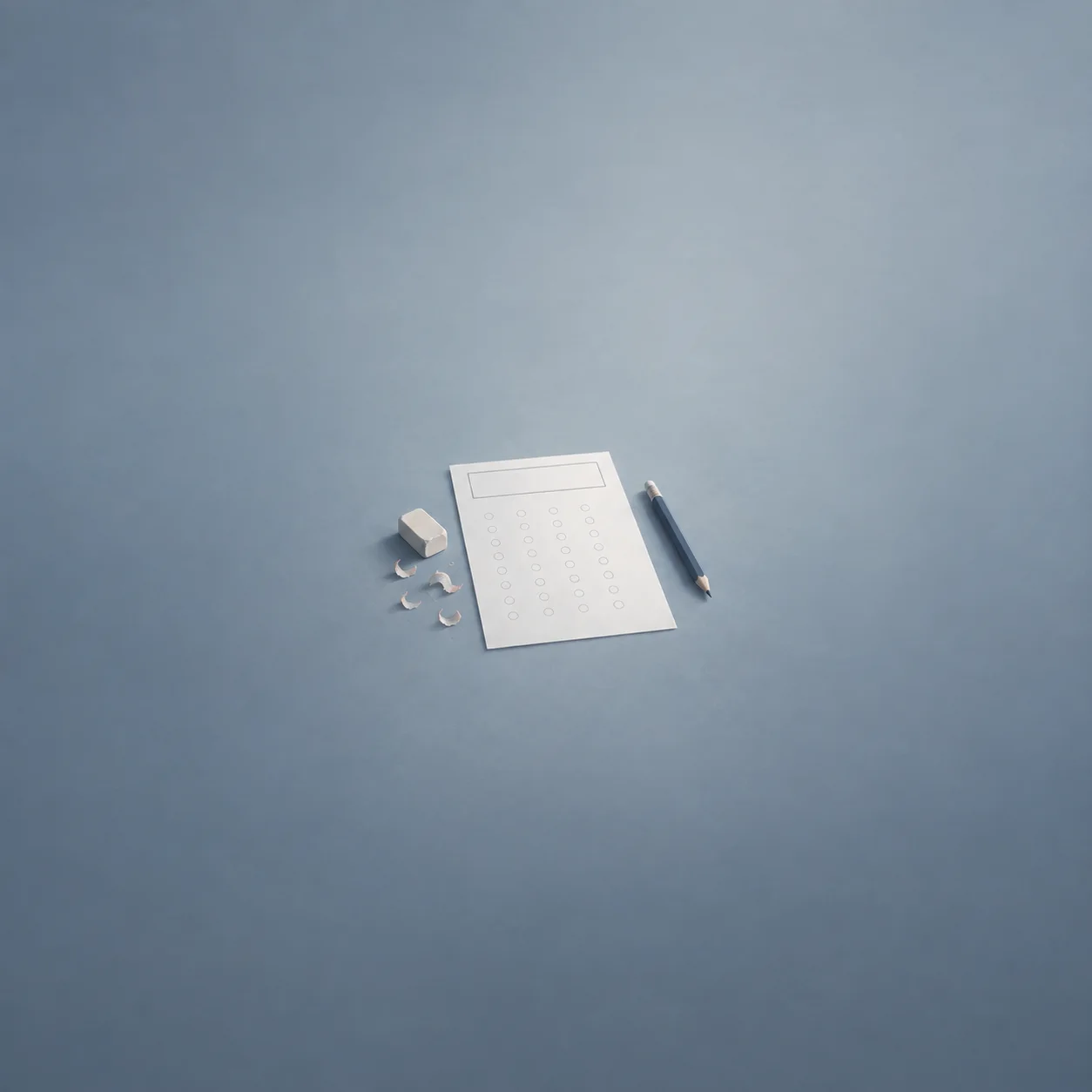 A sheet of paper with a blank heading box and faint circles lies beside a pencil, an eraser and small shavings on a pale blue surface.