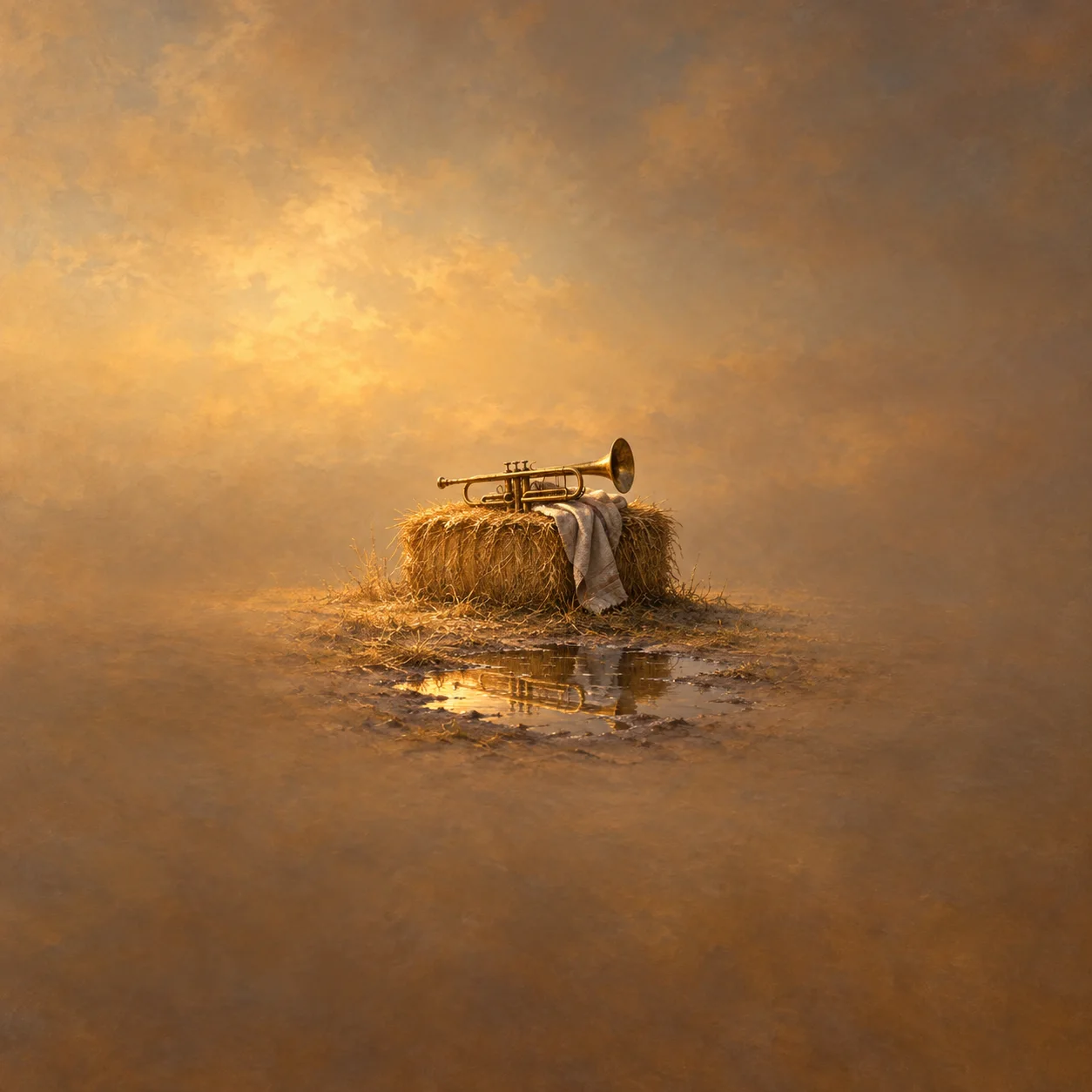 A brass trumpet rests on a hay bale beside a small puddle in warm golden light.