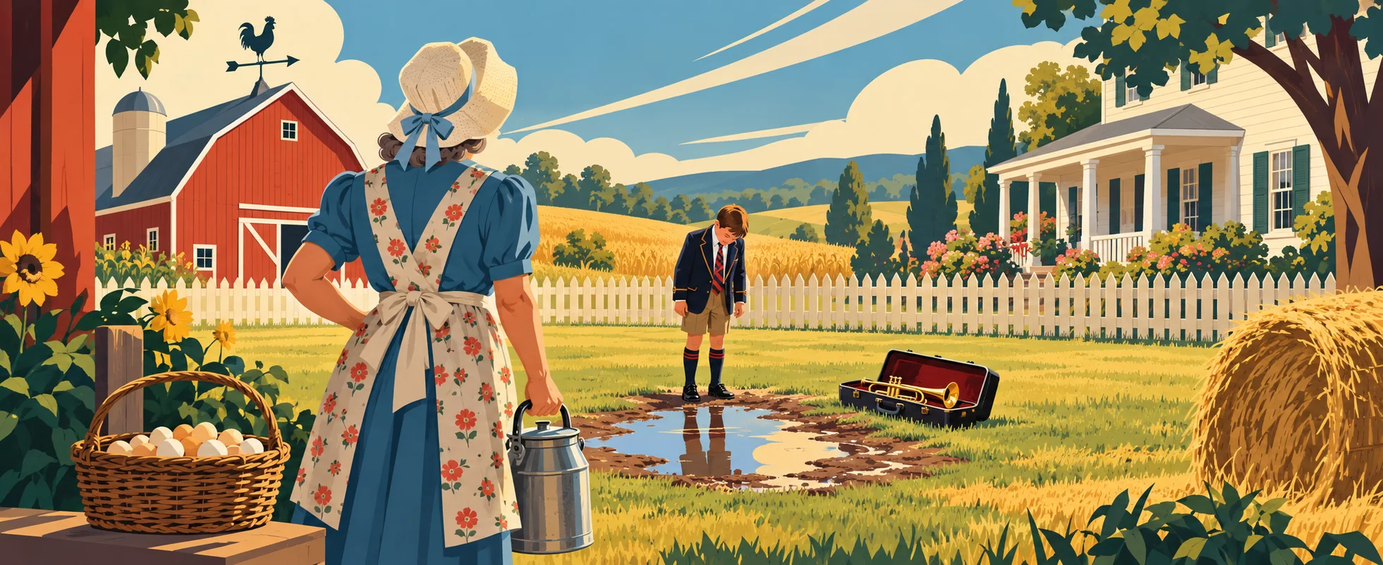 An old farm woman in a sunbonnet and apron stands with a milk can, watching a man in a school blazer standing in a puddle on a sunny farm.