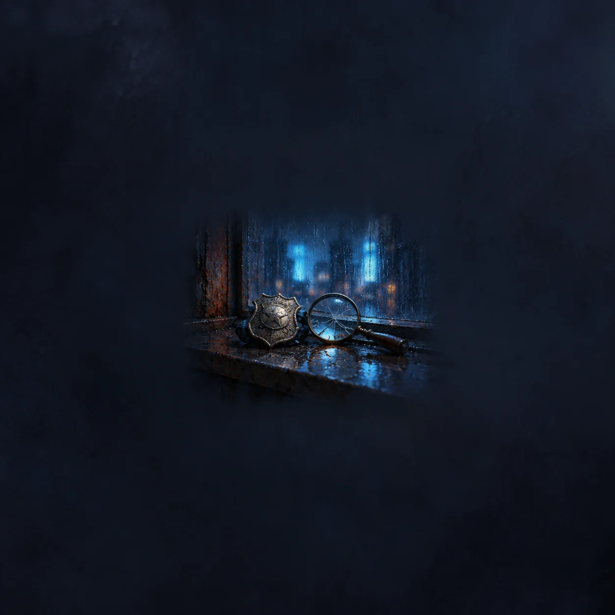 Painterly tarnished badge and magnifying glass on a wet sill beneath blue light.