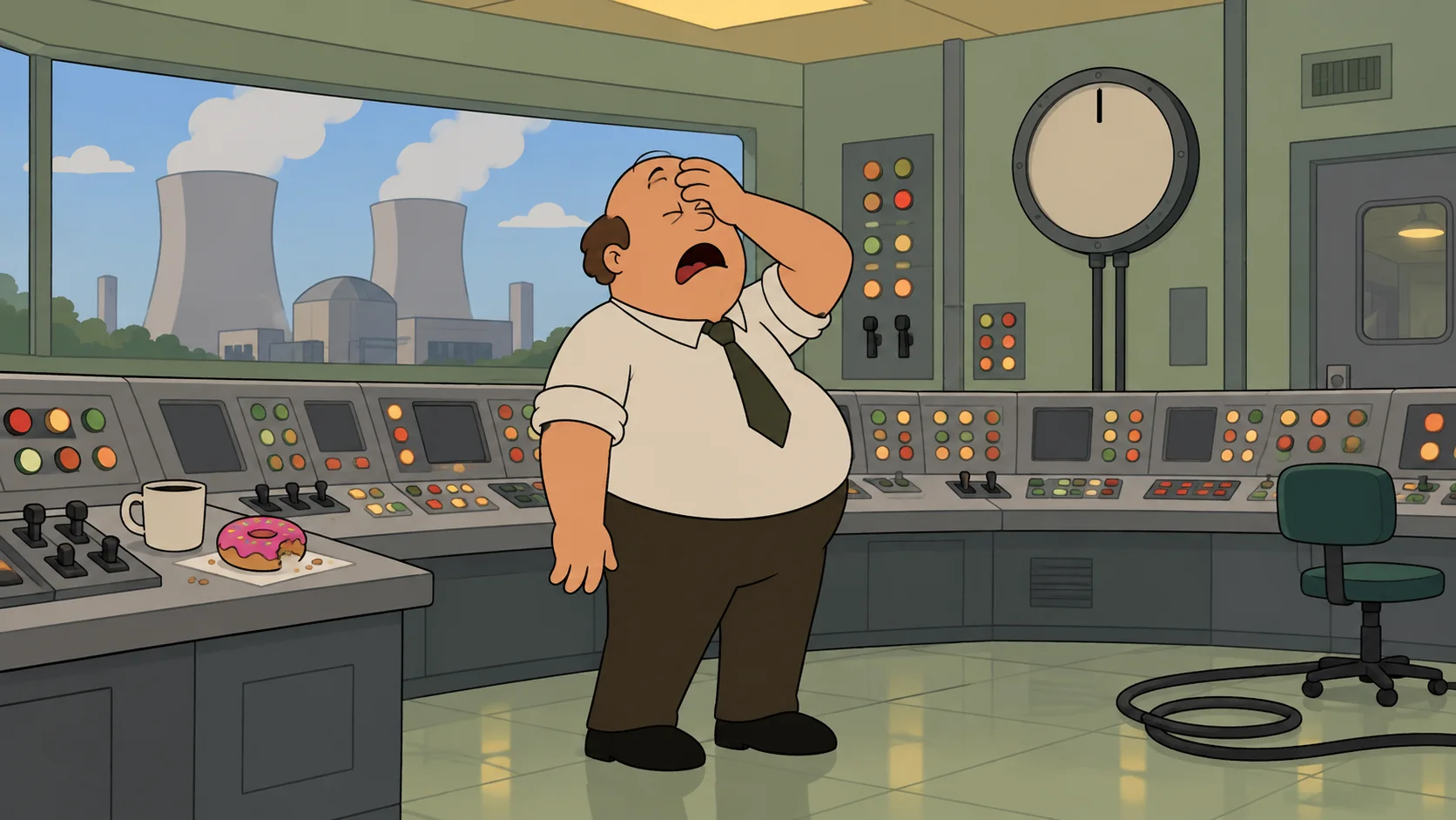 A balding man in a white shirt and tie slaps his forehead in a nuclear plant control room, a half-eaten pink doughnut on the console.