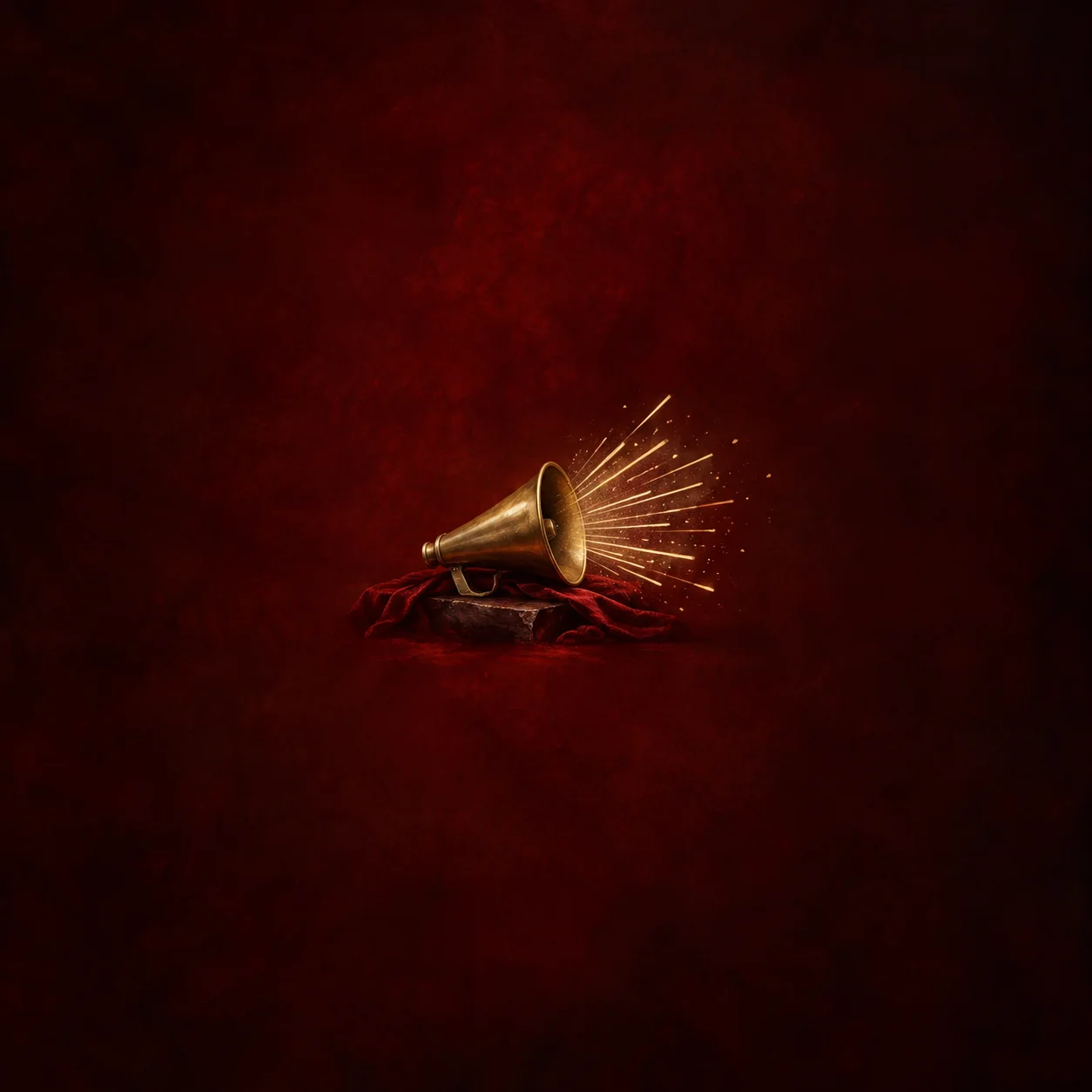 A brass megaphone sends out radiating golden light above red cloth against deep crimson.