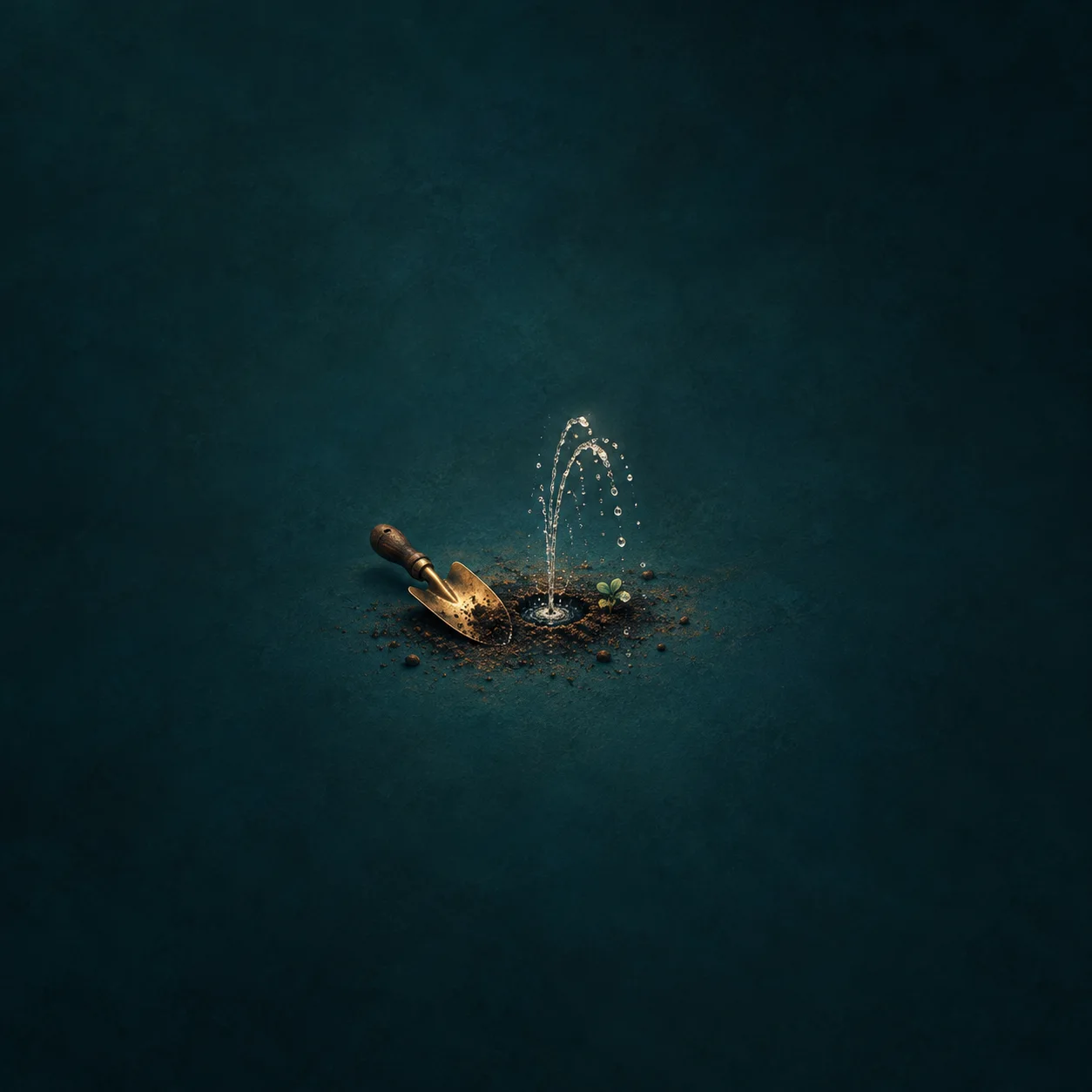 A brass garden trowel rests beside a small hole with an arc of water rising from it against a dark teal background.