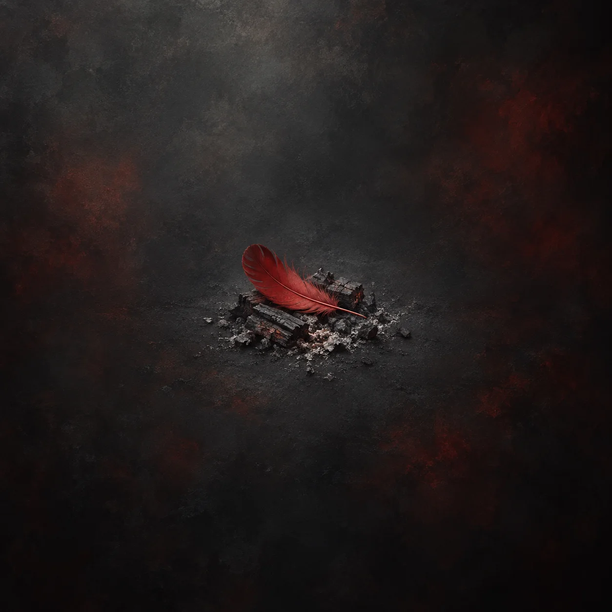 A red feather rests on a small heap of charred wood and gray ash against a dark background.