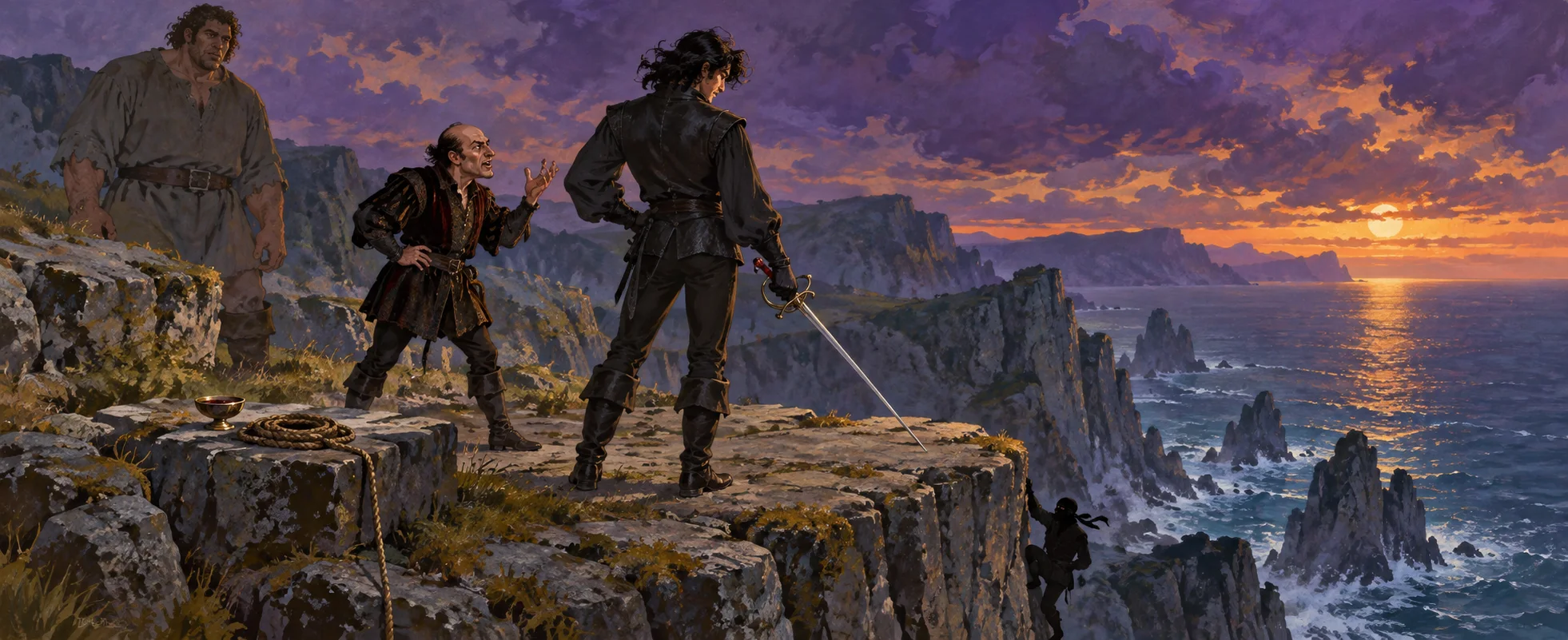 A swordsman in black with a rapier stands on a clifftop at sunset beside a small ranting man and a giant, as a masked man climbs the sheer cliff below.