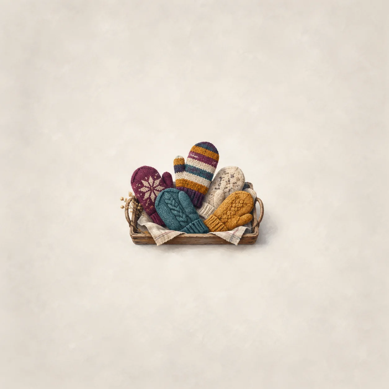 Mismatched knitted mittens in plum, teal, mustard and striped patterns arranged in a cloth-lined basket.
