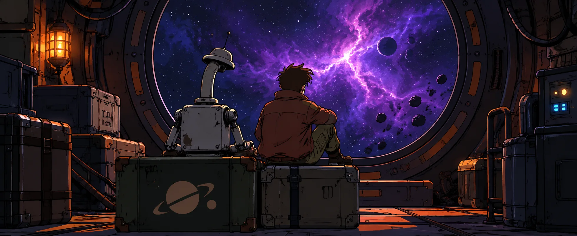 A battered robot and a young man sit on crates in a starship hold, watching a purple nebula through a round window.